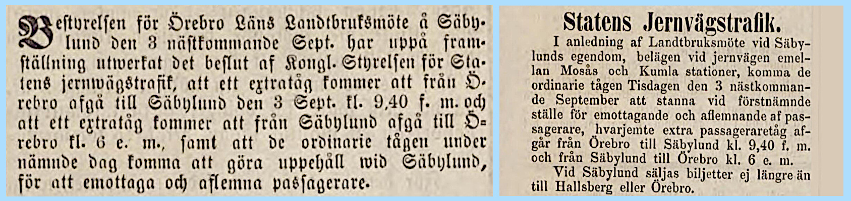 Annonser om extratåg 1867